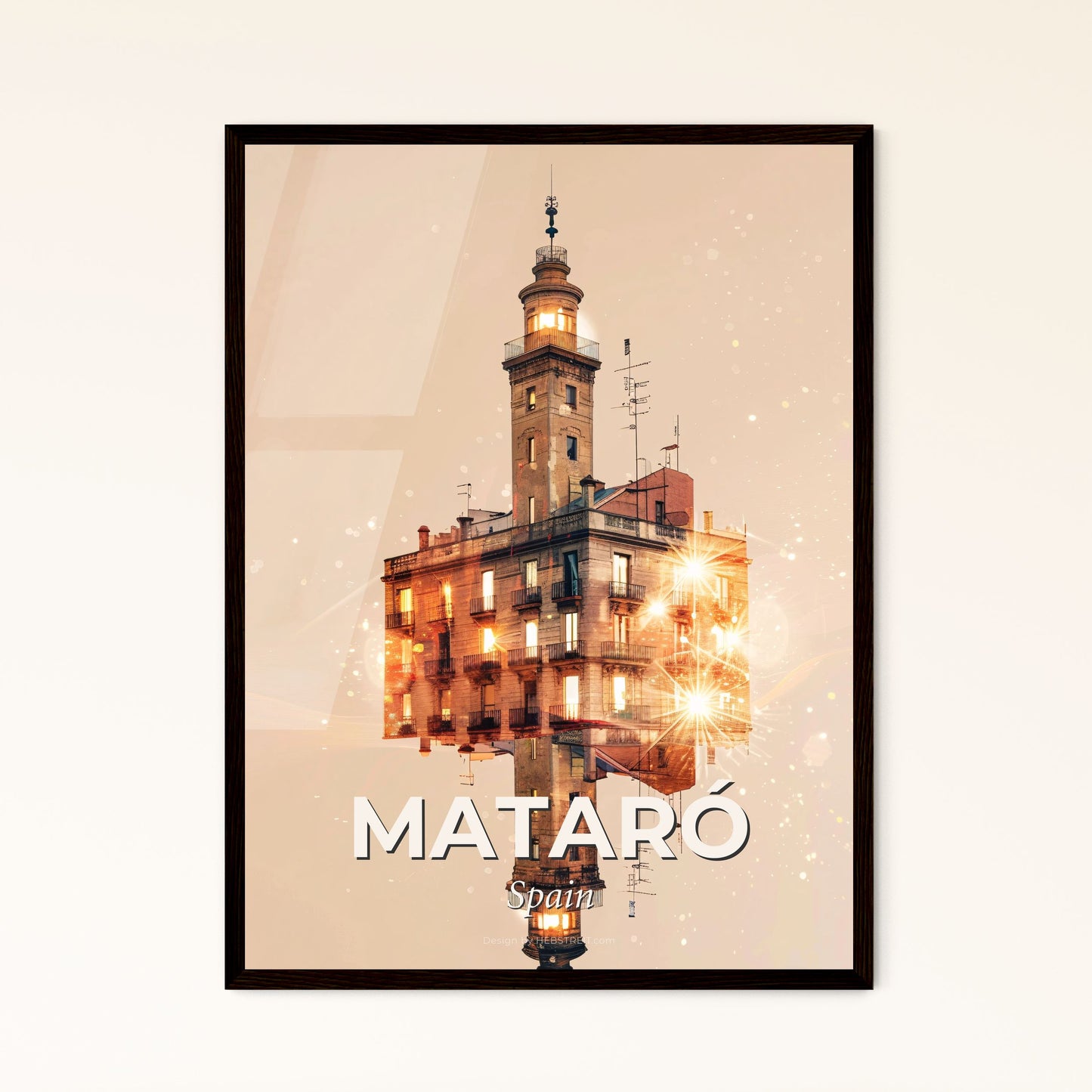 Mataró Cityscape Art: Vibrant Skyline Fusion - A building with a tower and lights