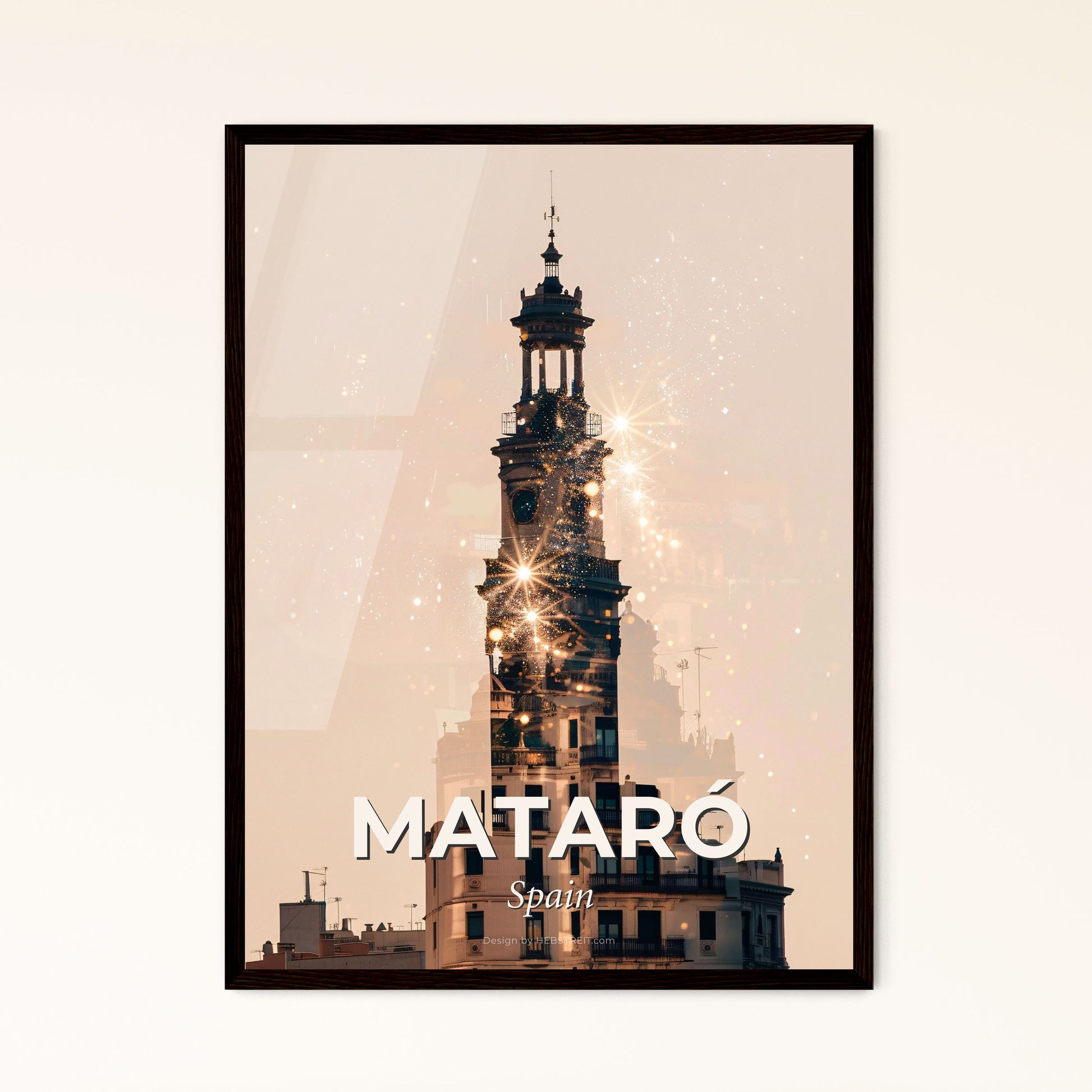 Mataró Skyline Iconic Composite Art Poster - A building with a tower and fireworks