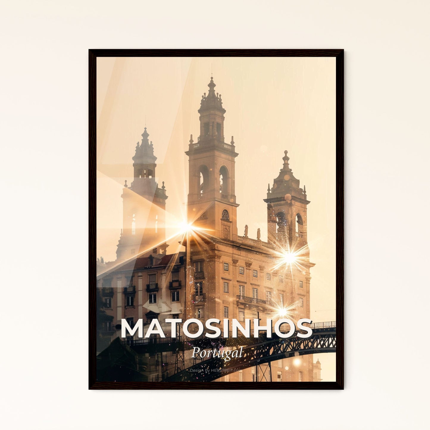 Matosinhos City Skyline Art: Double Exposure Beige Sparkles - A building with a bridge and a bridge