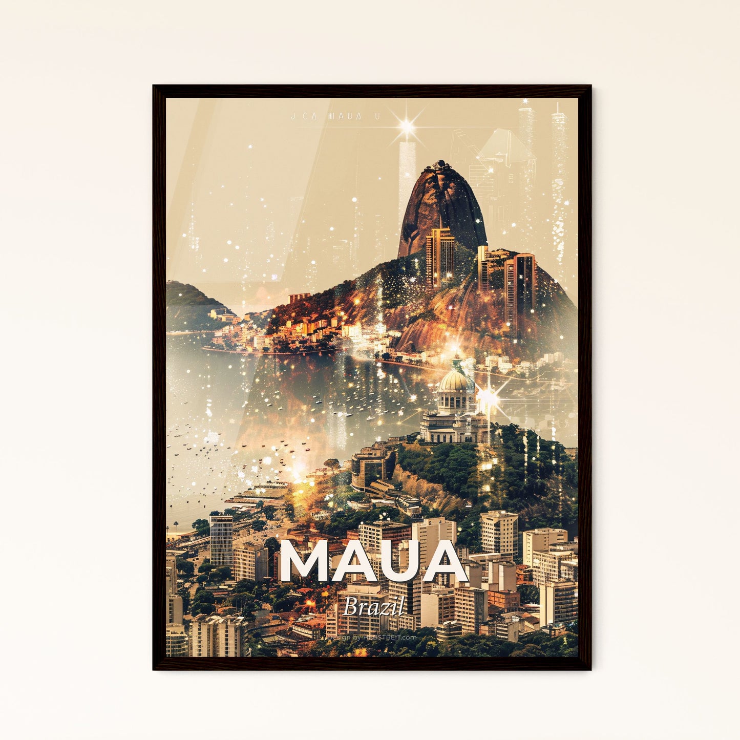 Maua, Brazil: City Skyline Icons in Double Exposure Art - A city on a hill with a mountain in the background