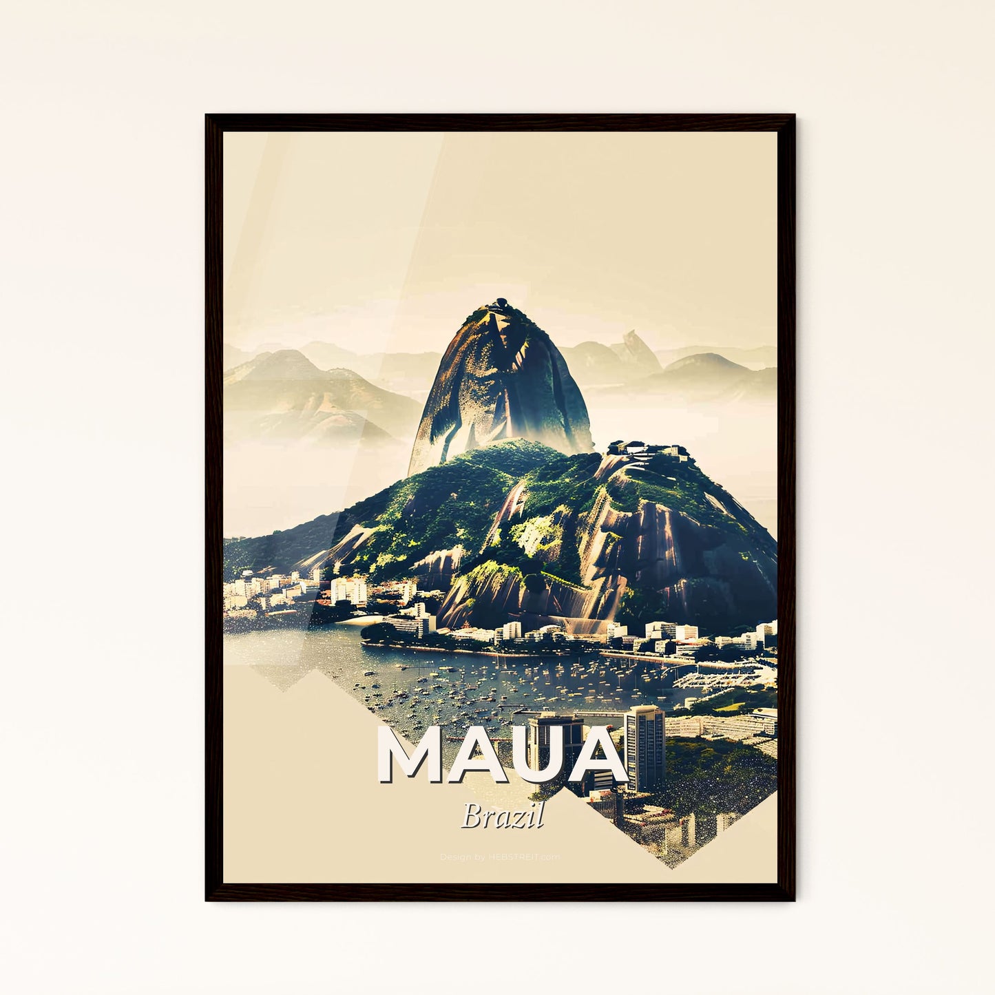 Maua Cityscape Art: Local Icons Skyline Beige - A mountain with a city and water in the background