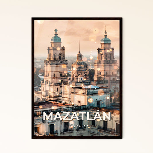 Mazatlan City Skyline Silhouette Art Vibrant - A large building with towers and trees in the background