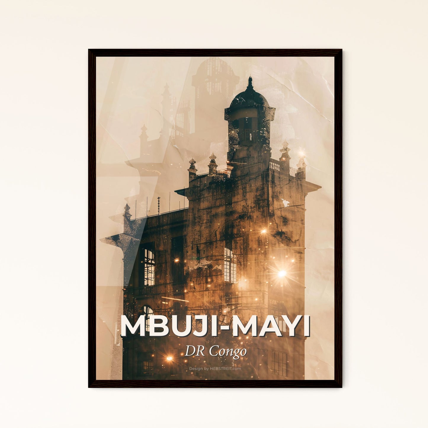 Mbuji-Mayi Congo Skyline Composite Art - A building with a tower and a light on it