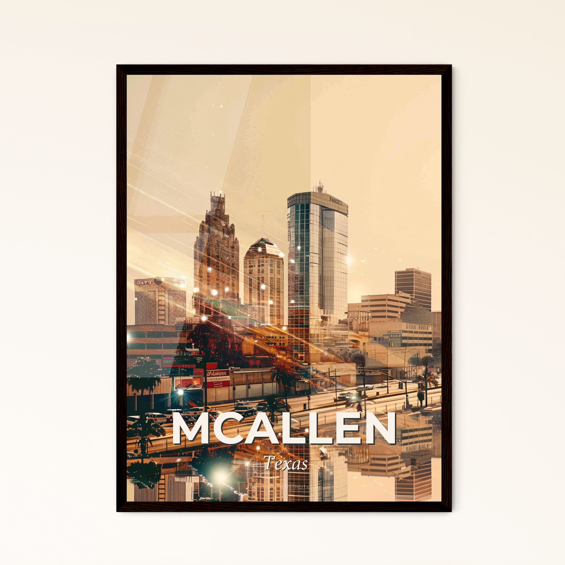 McAllen Texas Skyline Art: Double Exposure Composite - A city with many buildings and lights