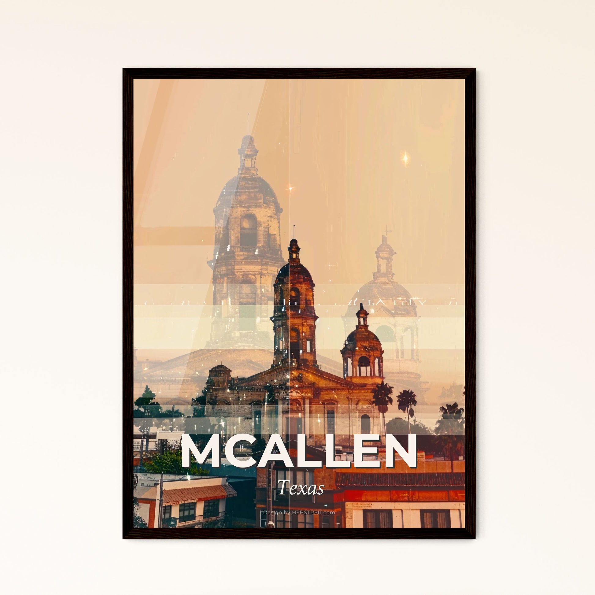 McAllen Skyline Art: Iconic City Lightscape - A building with towers and trees