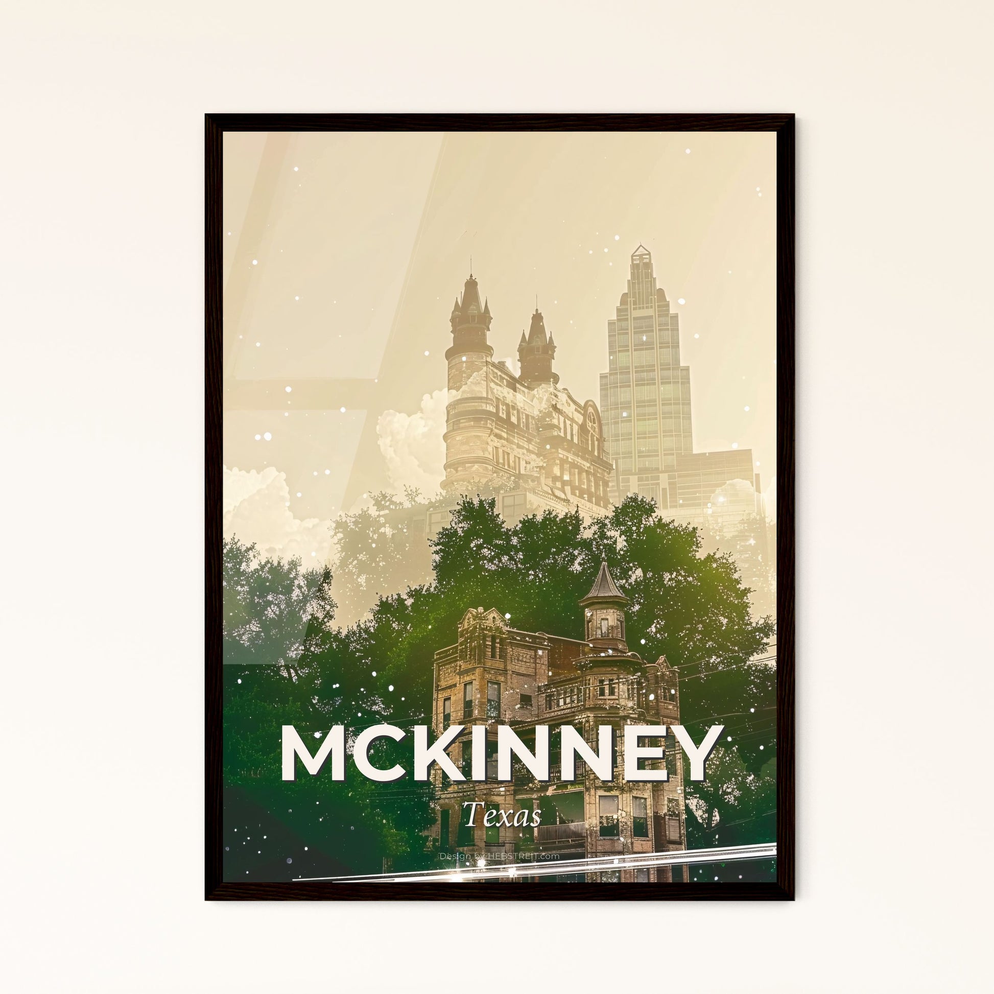 McKinney Skyline Double Exposure Cityscape Art Print - A building with trees and buildings in the background