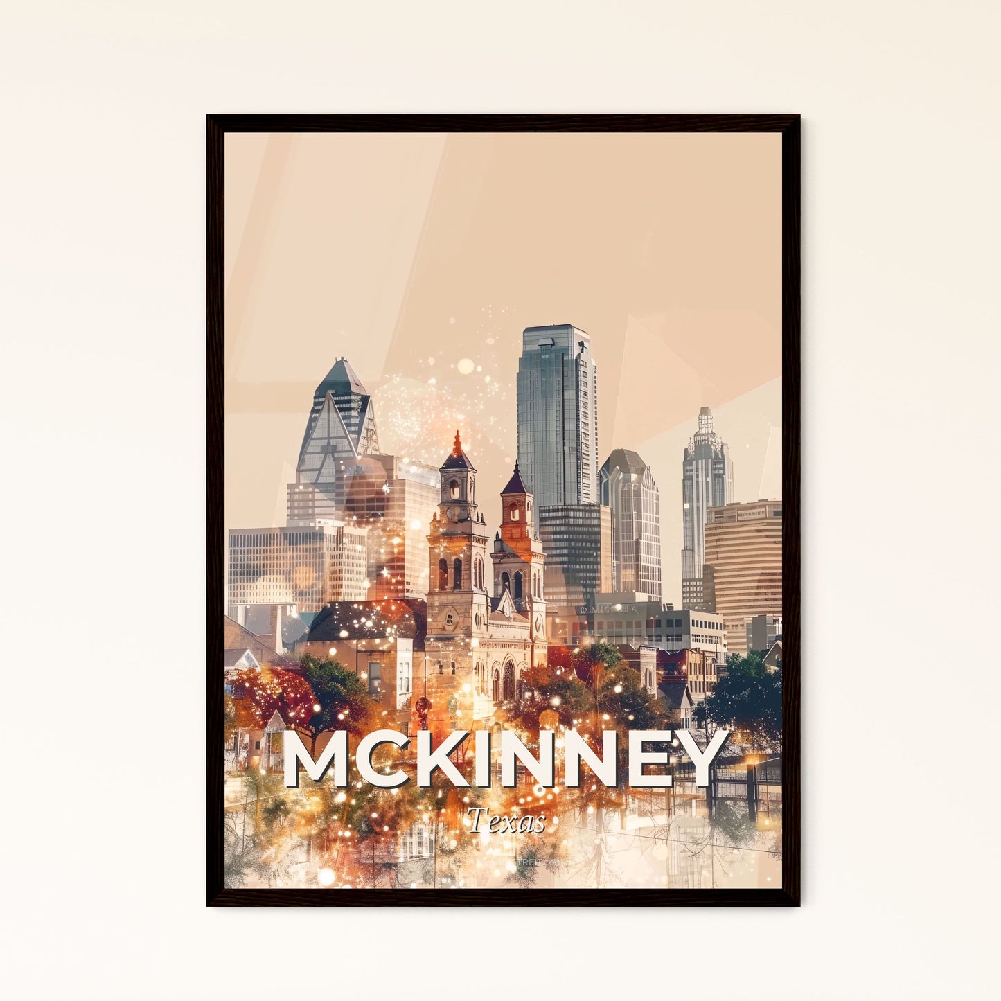 McKinney Texas City Skyline Double Exposure Composite Art - A city skyline with trees and buildings