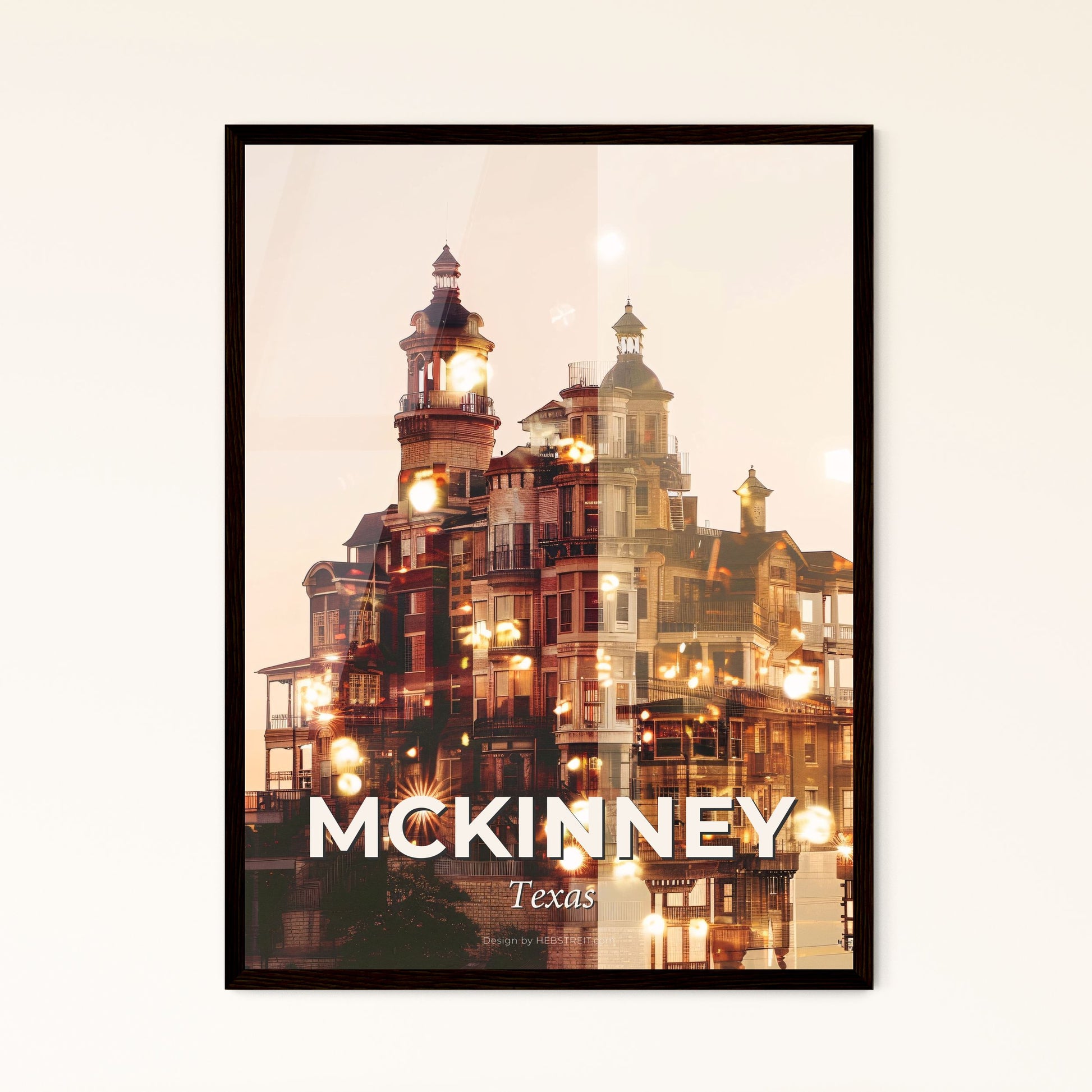 McKinney Skyline Art Print: Local Colors, Sparkles - A building with a tower and a balcony