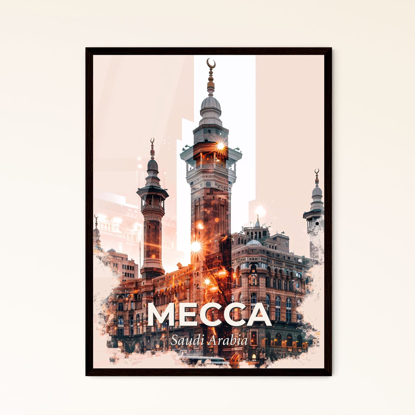 Mecca Skyline Composite Art Print - A large building with towers and a large clock tower