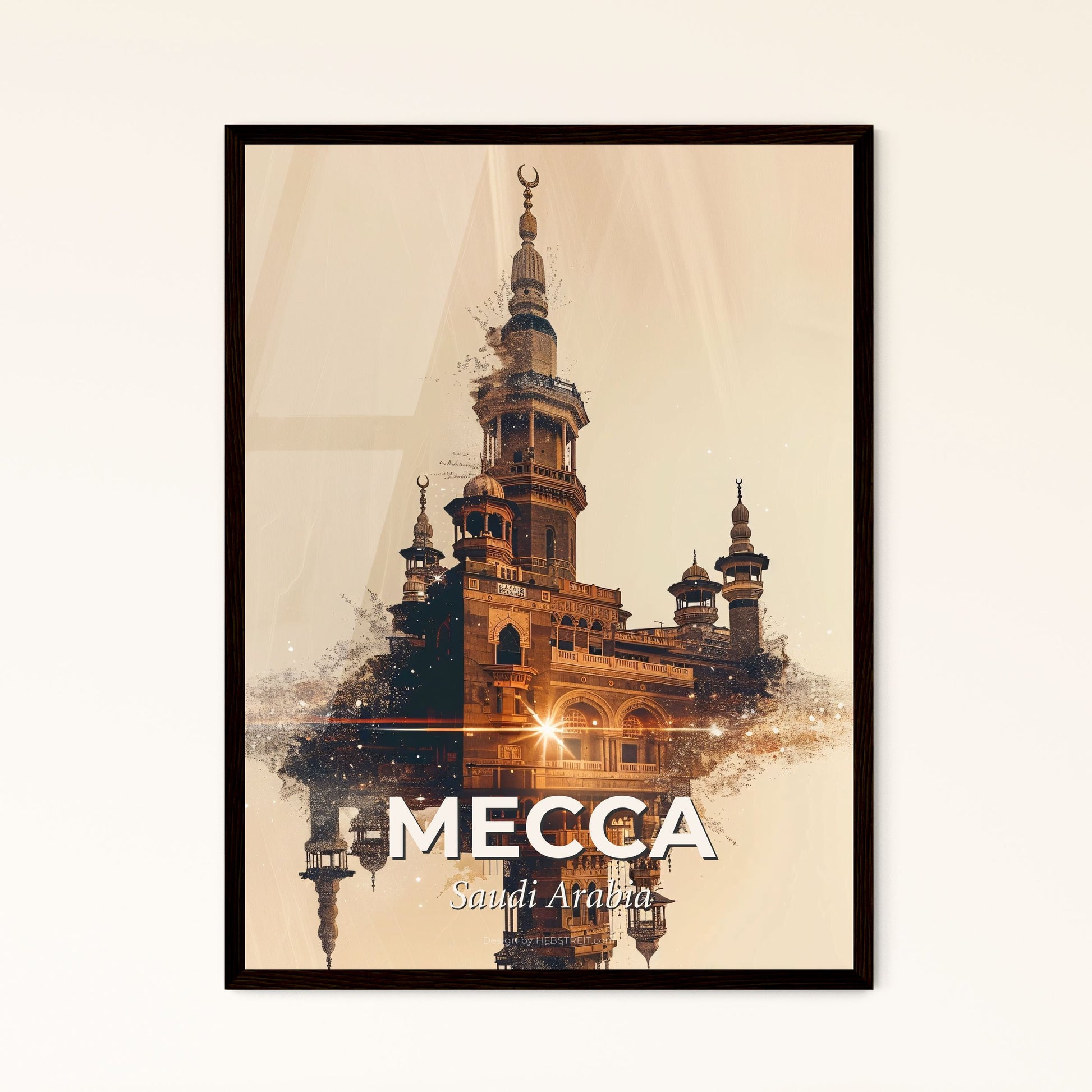 Mecca Double Exposure Art: City Lights on Beige - A building with a tower and a light in the background