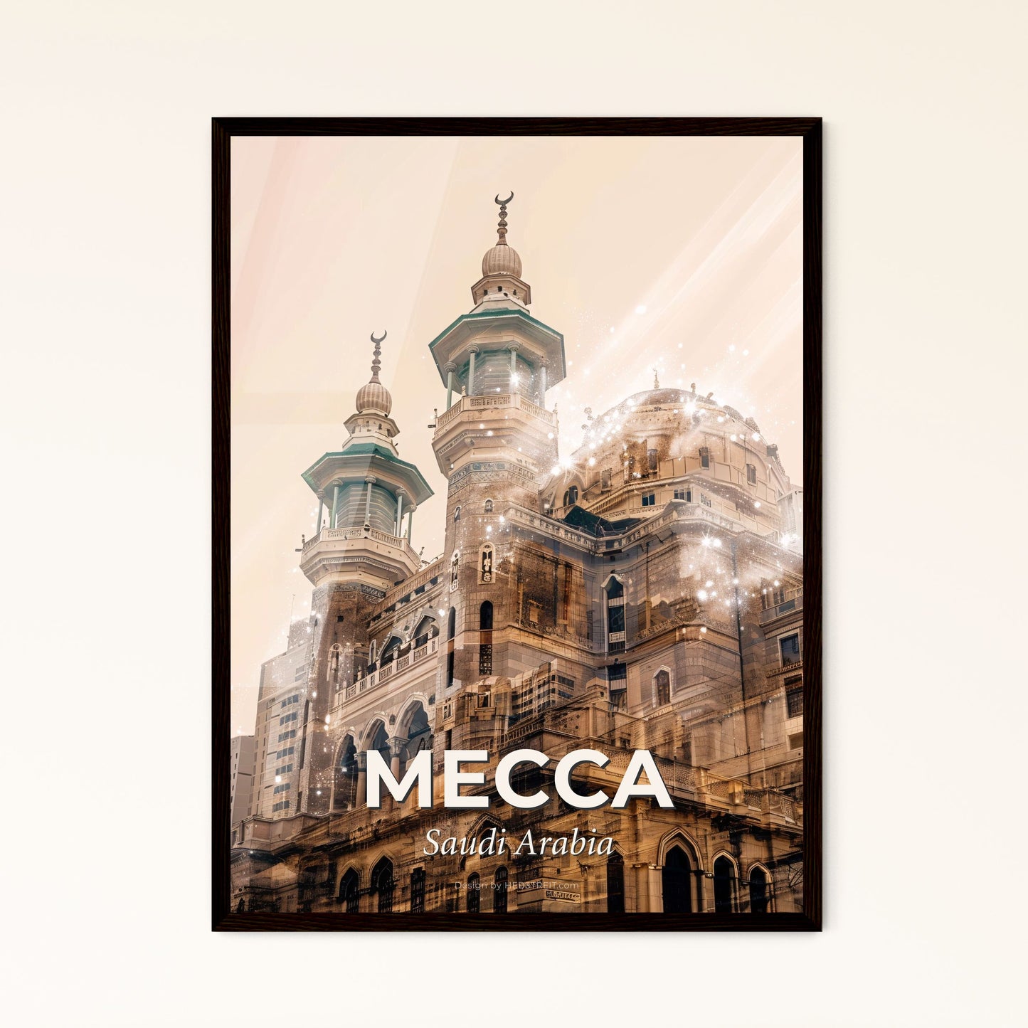 Mecca Skyline Double Exposure Art Poster - A large building with towers and a moon on top