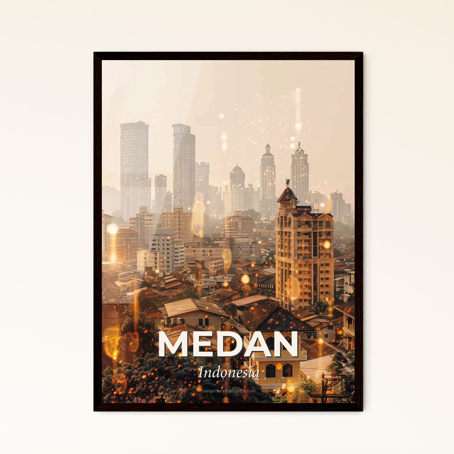 Medan Skyline Double Exposure Art Poster - A city with many tall buildings