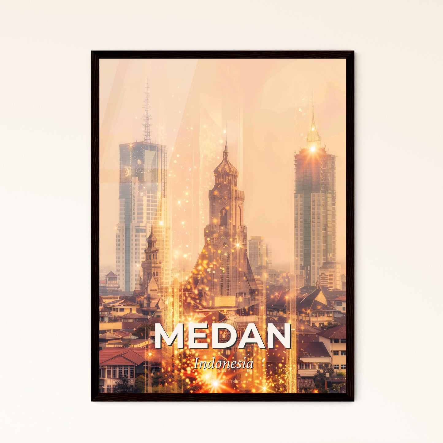 Medan Skyline Composite Poster Art - A city with tall buildings and a tower