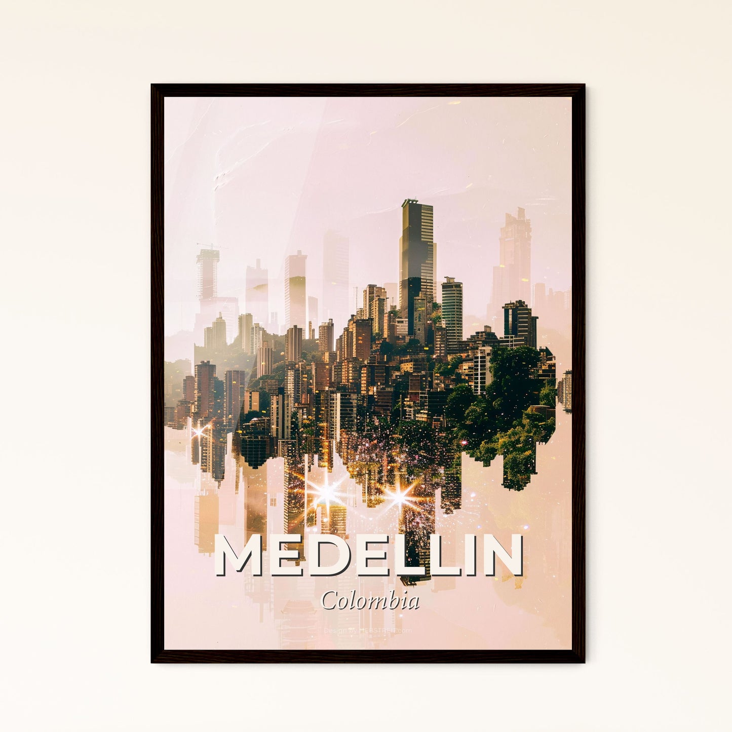 Medellin City Skyline Double Exposure Poster Art - A city skyline with many tall buildings reflected in water