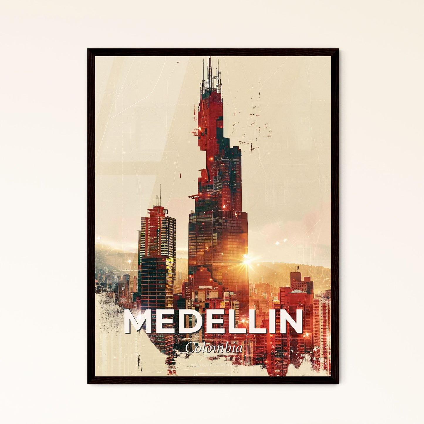 Medellin Urban Art Skyline Poster - A city skyline with a tall tower