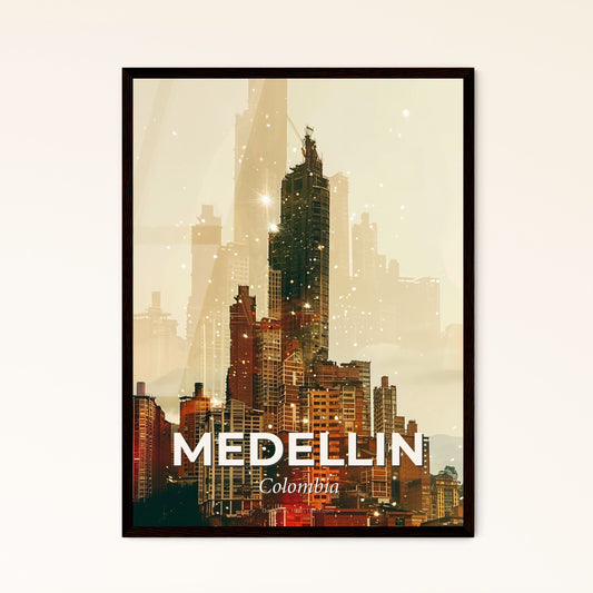 Medellin City Lights Poster - A city skyline with many tall buildings