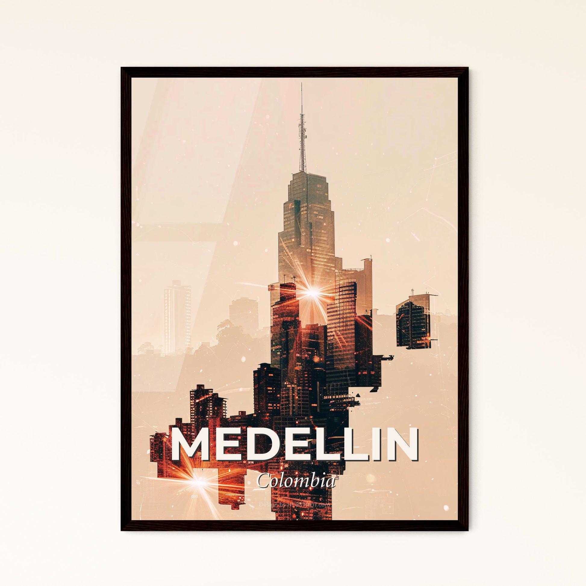 Medellin City Skyline Art Print - A city skyline with sun rays