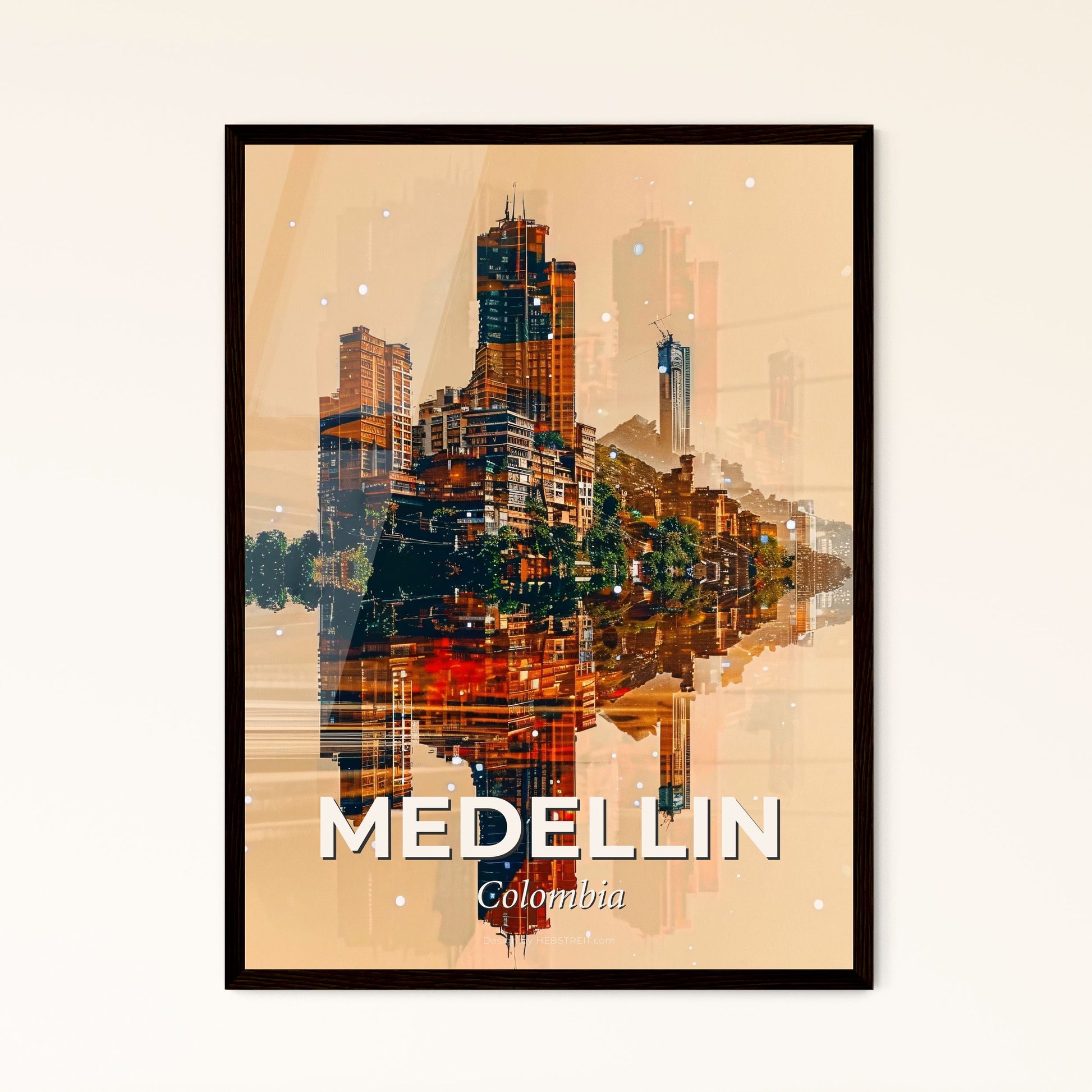 Vibrant Medellin City Skyline Poster Art - A city with many tall buildings reflected in water