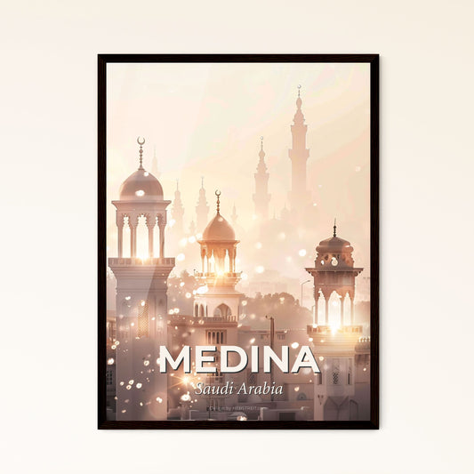 Medina Skyline Beige Sparkle Poster - A large white building with towers and towers with a light shining through