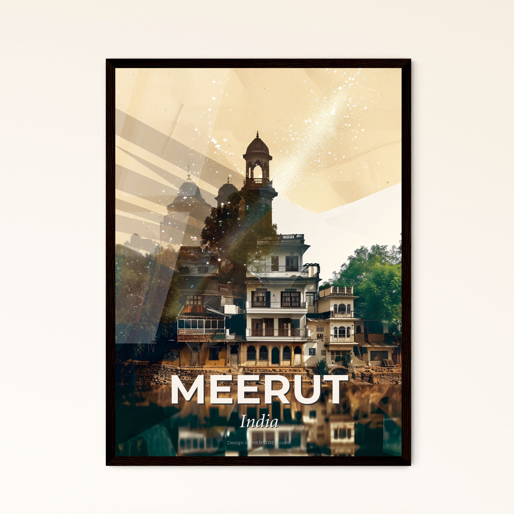 Meerut Double Exposure City Skyline Art - A building with a tower and trees