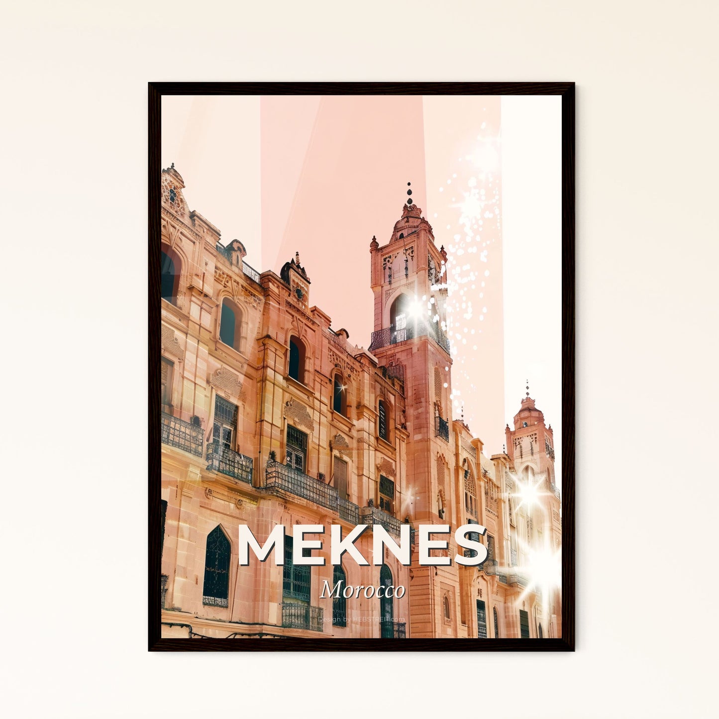 Meknes Double Exposure Skyline Poster Art Print - A building with a tower and a light in the background