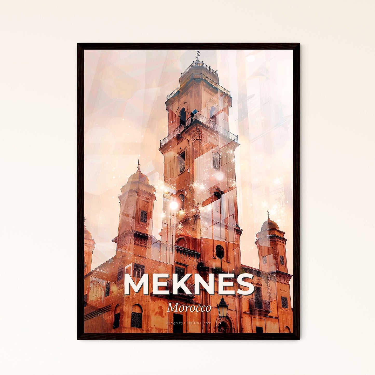 Meknes Skyline Art Poster with Moroccan Architecture Icons - A building with a tower