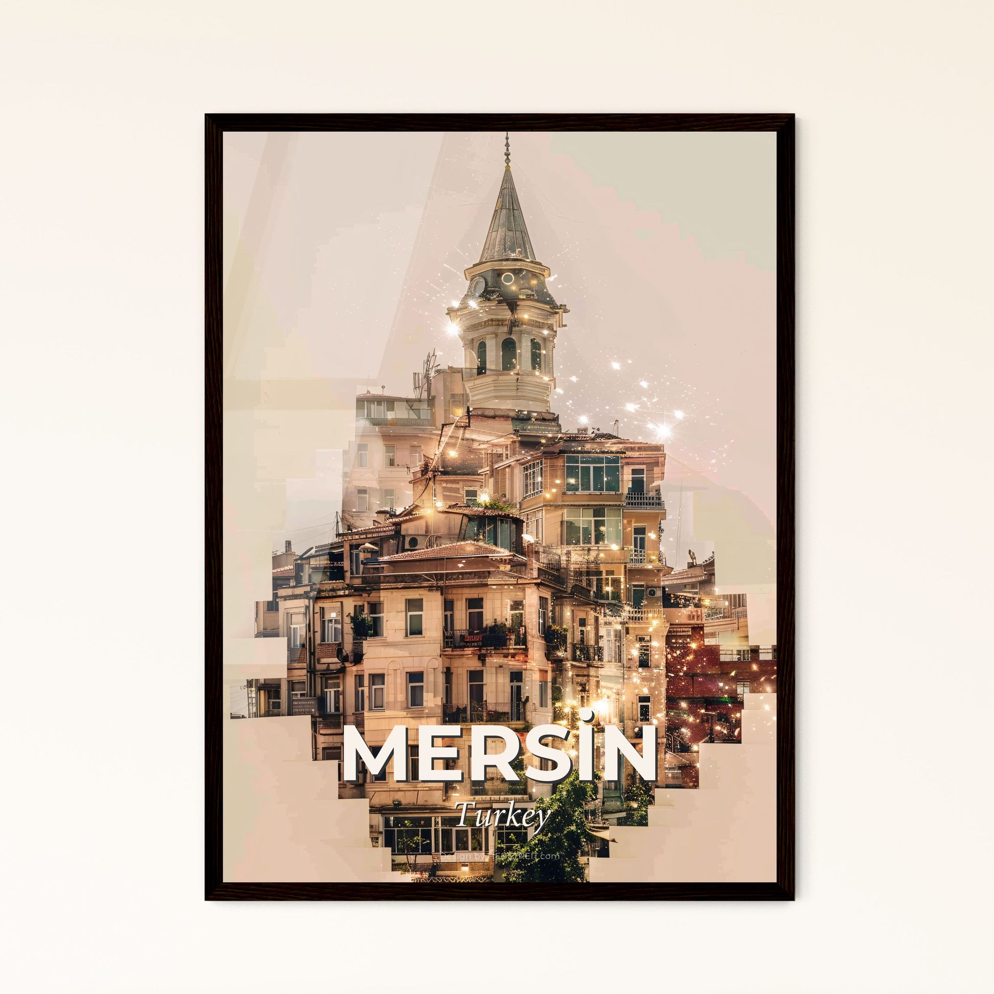 Mersin City Skyline Double Exposure Art - A building with a tower