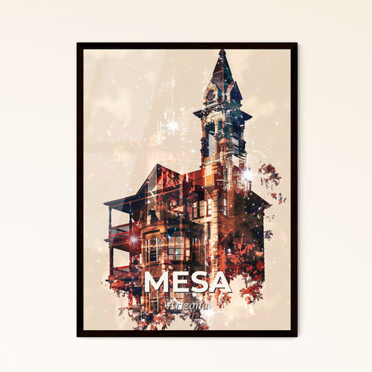 Mesa Skyline Cityscape Impressions Poster Art - A building with a tower and a clock tower