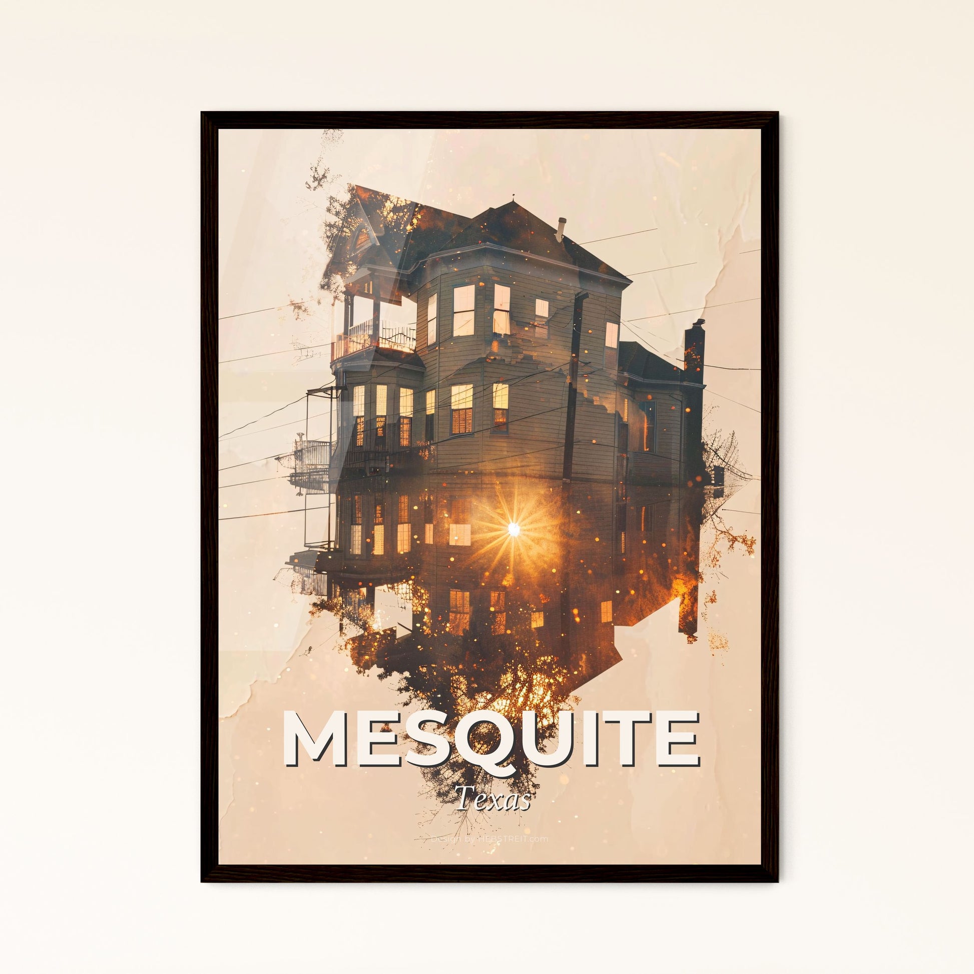 Mesquite Texas City Skyline Double Exposure Poster Art - A house with a reflection of the sun