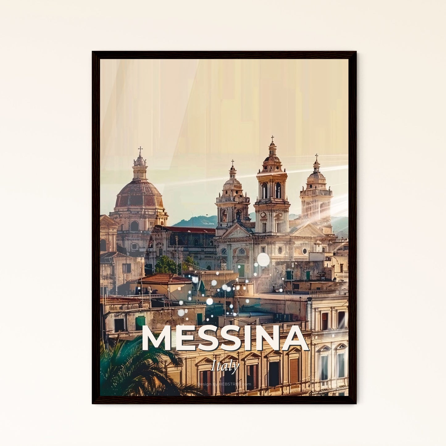 Messina Skyline Composite Art with Beige Background - A building with many domes and a few lights