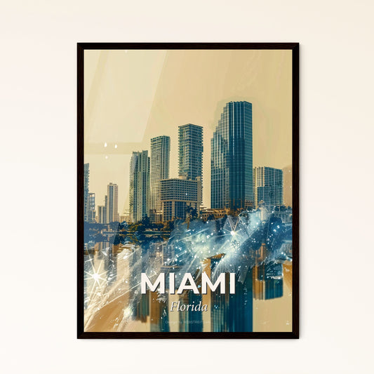 Miami Skyline Double Exposure Composite Cityscape Poster - A city skyline with water and a reflection of a building