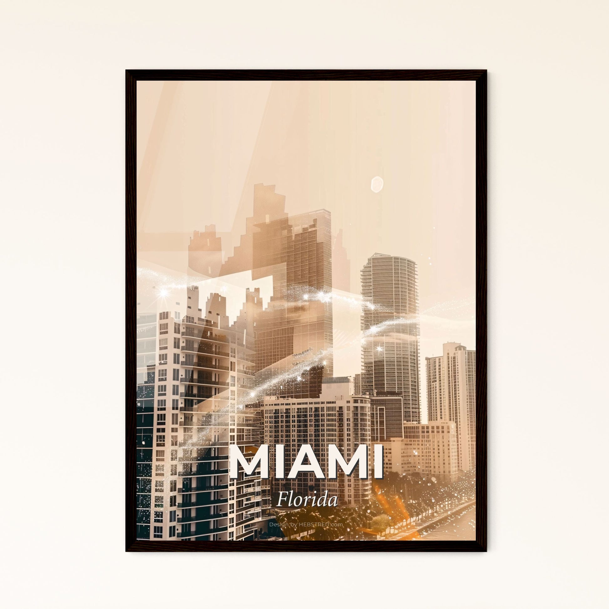 Miami Skyline Double Exposure Composite Art - A city skyline with many tall buildings