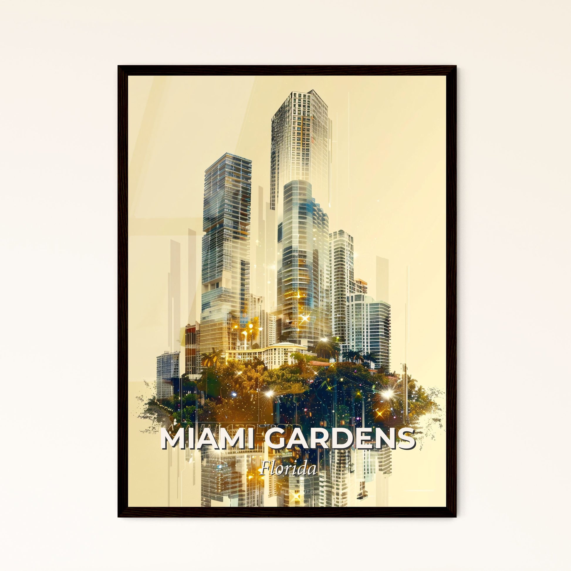 Miami Gardens Skyline Abstract Poster Art - A city with many tall buildings