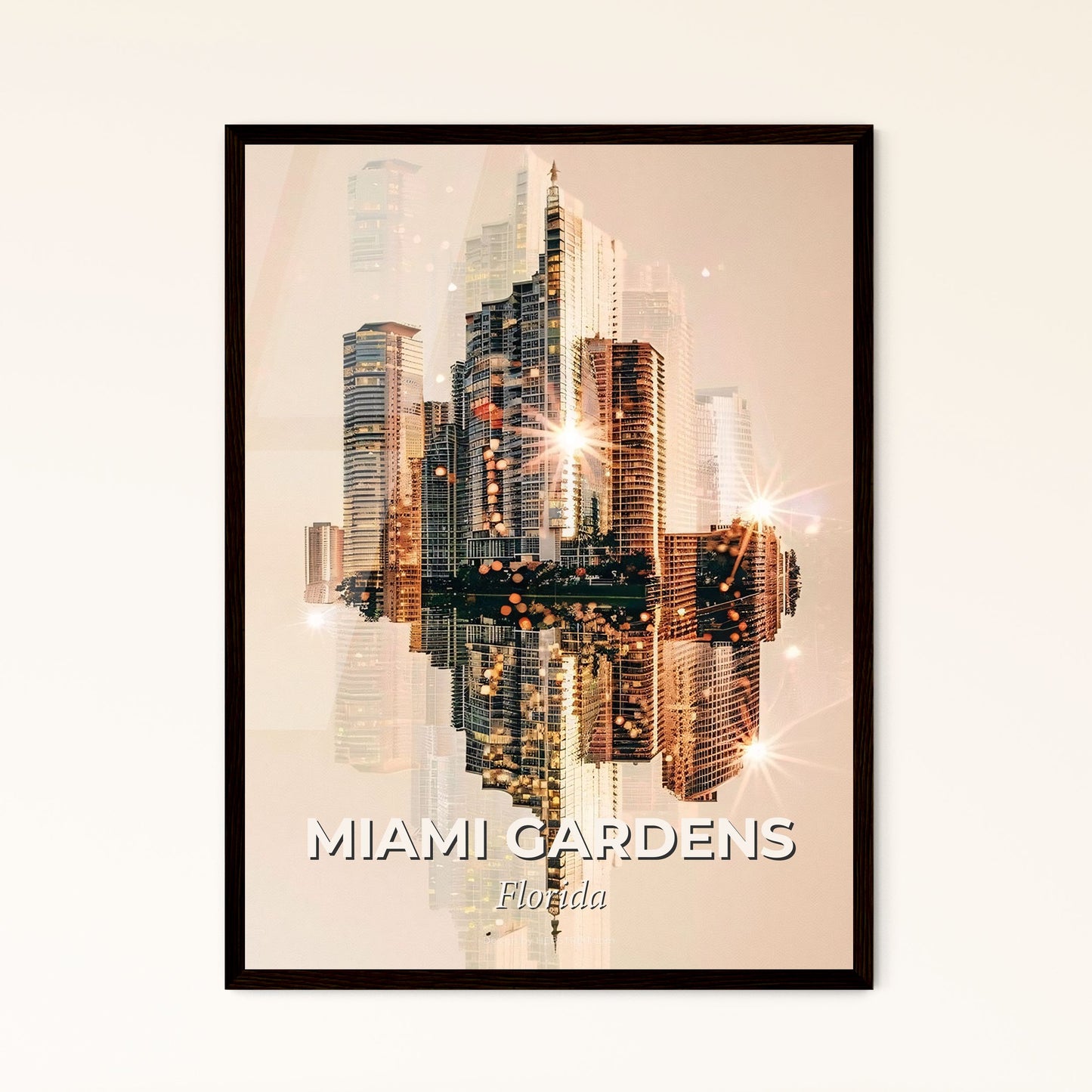 Miami Gardens Skyline Art: Local Icons in Beige - A city skyline with lights