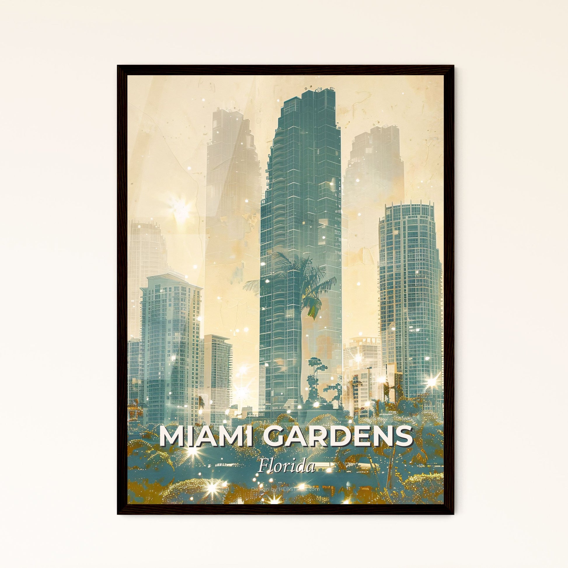 Miami Skyline Double Exposure Art Poster - A city skyline with palm trees