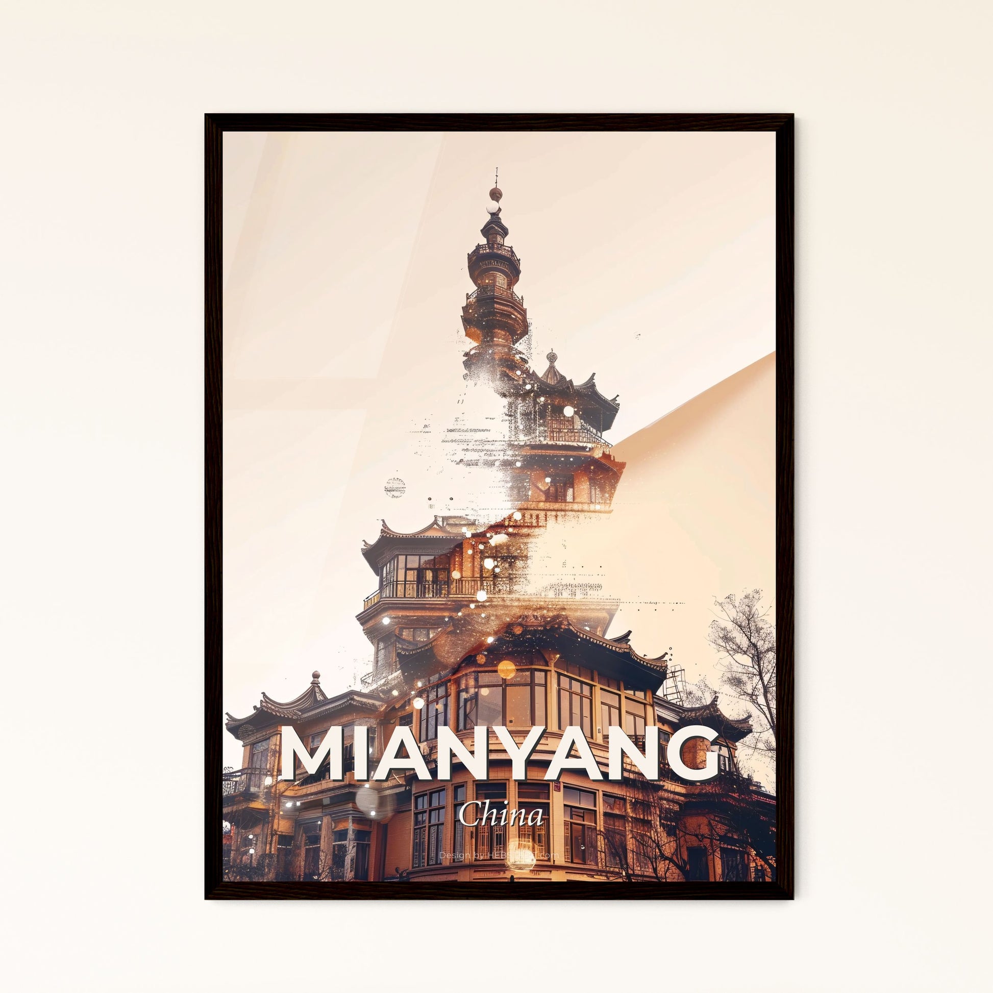 Mianyang Skyline Double Exposure Bright Beige Poster Art - A building with a tower