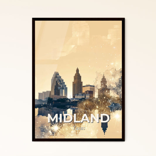 Midland, Texas: Urban Lightscape Poster Art - A city skyline with a reflection of the water