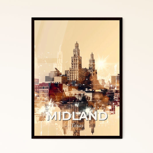 Midland Skyline Double Exposure Composite Art Print - A city skyline with many buildings and a reflection of the sun