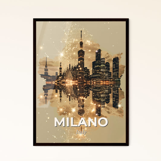 Milan Skyline Double Exposure Art Composite - A city skyline with lights reflecting in water