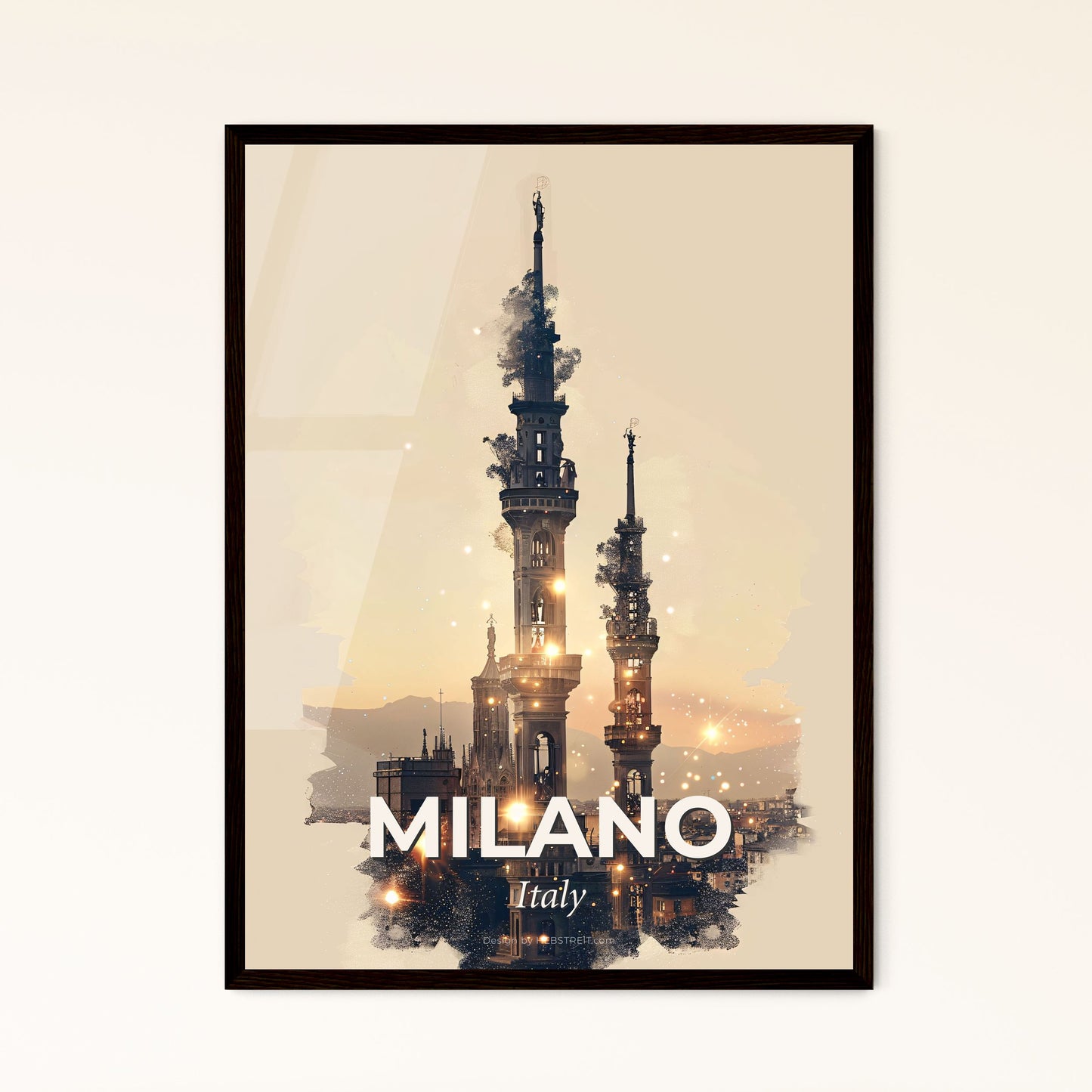 Milan Urban Icons in City Light Panorama - A tower with towers and a statue on top