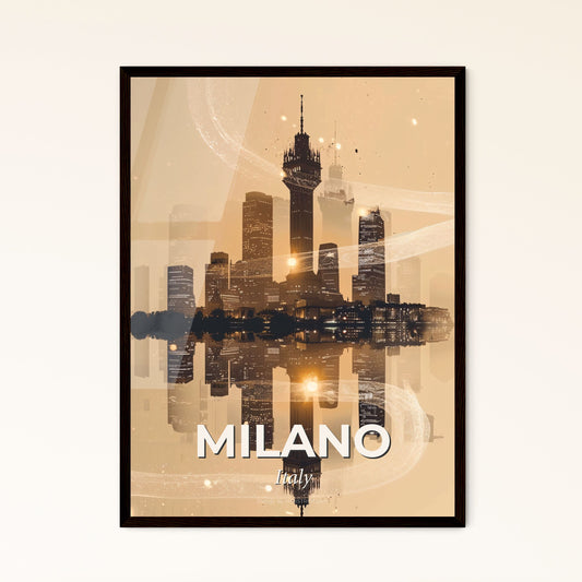 Milan Cityscape Composite Art with Glittering Sparkles - A city skyline with lights reflecting in water