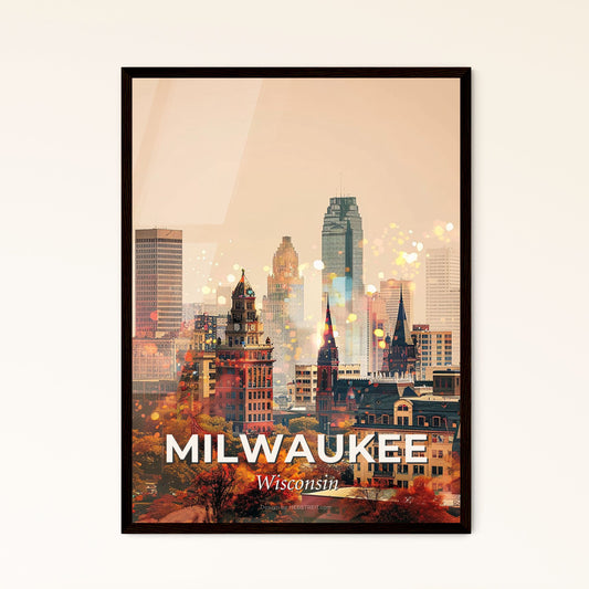 Milwaukee Skyline Composite Poster: Local Icons, Bright Beige - A city with tall buildings and trees