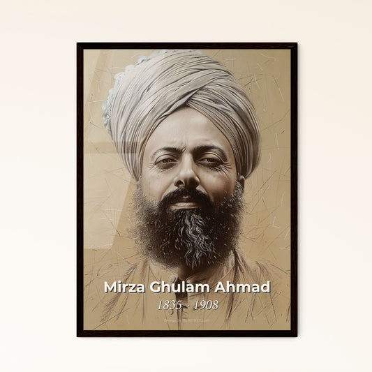 Elegant Portrait of Mirza Ghulam Ahmad: A Dynamic Contemporary Tribute to the Founder of the Ahmadiyya Community in Modern Art