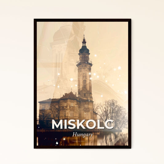 Miskolc City Skyline Panorama Double Exposure Art Poster - A building with a tower and a body of water