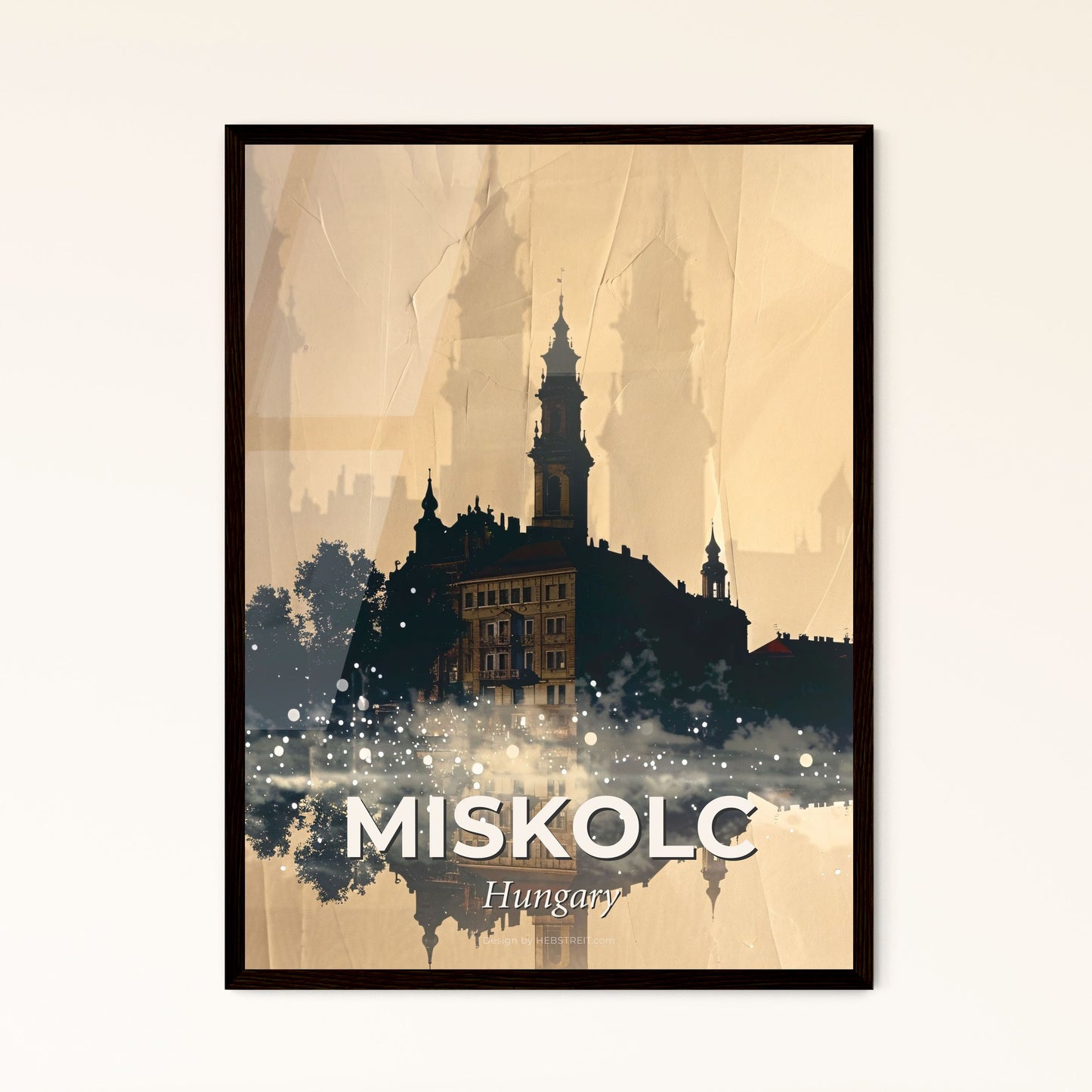 Miskolc Sky Silhouette, Iconic City, Art Deco Poster - A building with a tower and trees reflected in water