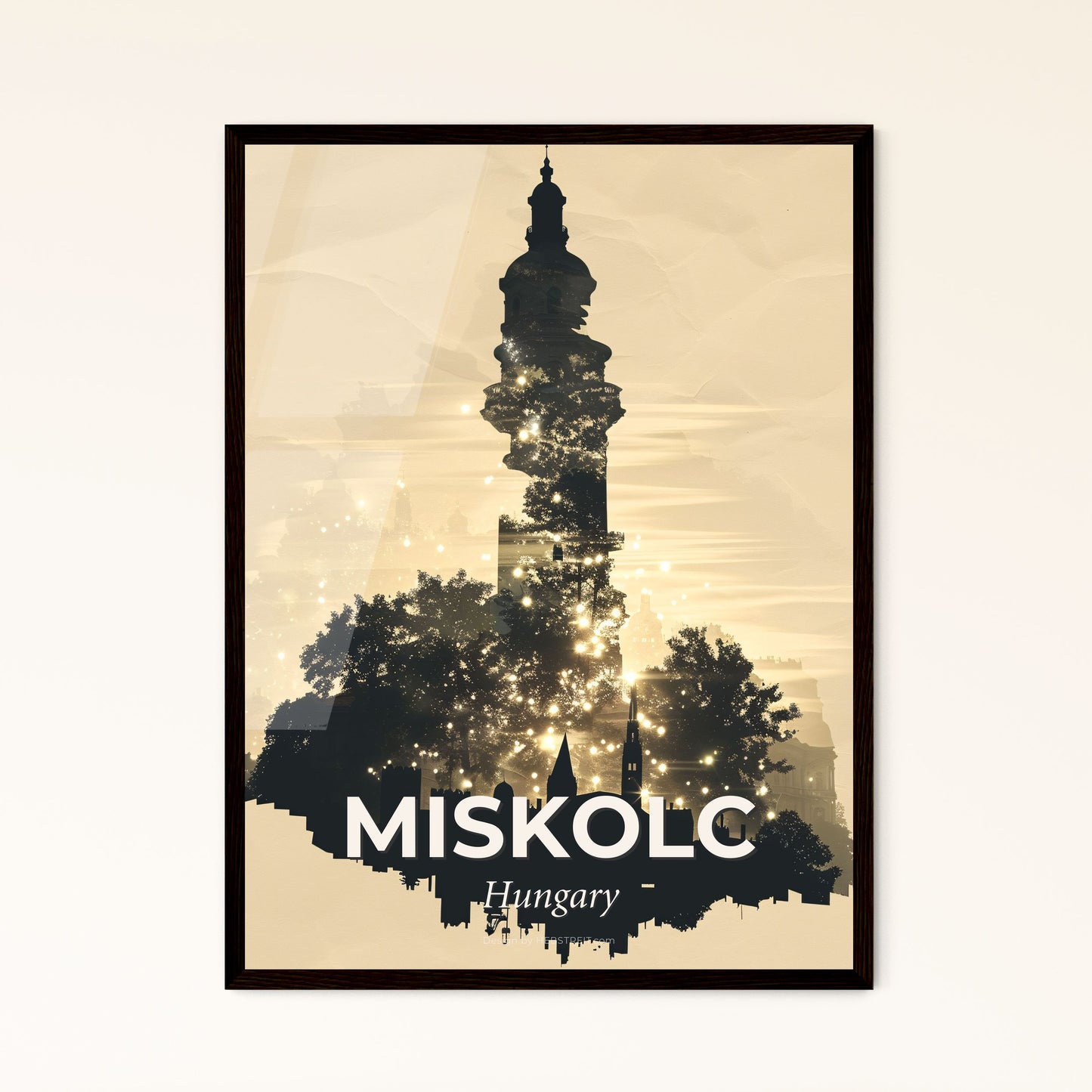 Miskolc Skyline Cityscape Double Exposure Print - A silhouette of a building with trees and lights