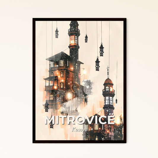 Mitrovica Skyline Art: Iconic Architecture, Beige Elegance - A building with lanterns from the ceiling