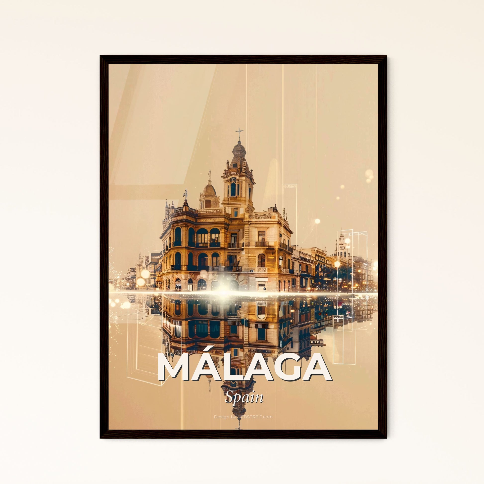 Málaga Skyline Double Exposure Art Poster - A building with a reflection of lights