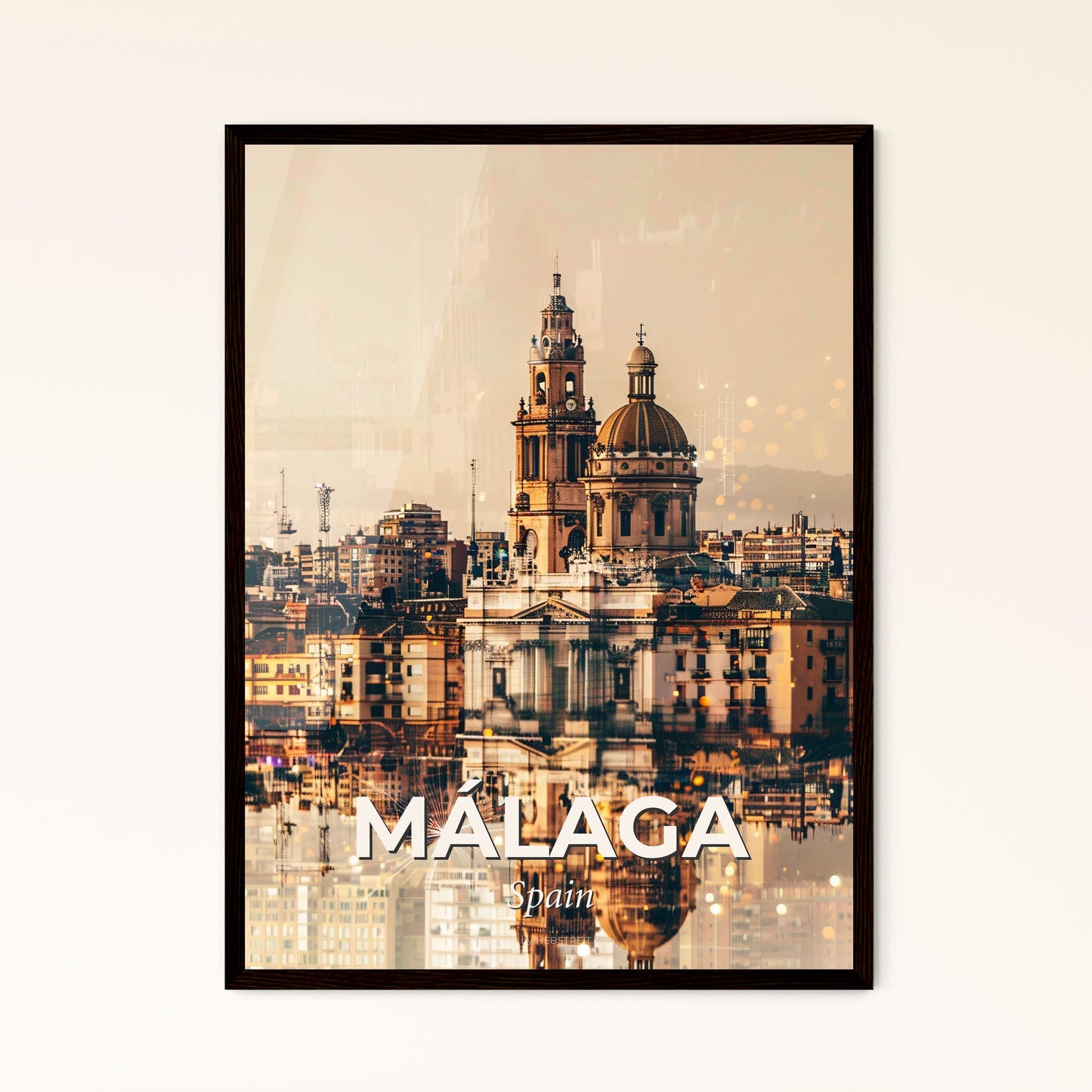 MÃ¡laga City Icons Double Exposure Poster - A city with a large building and a tower