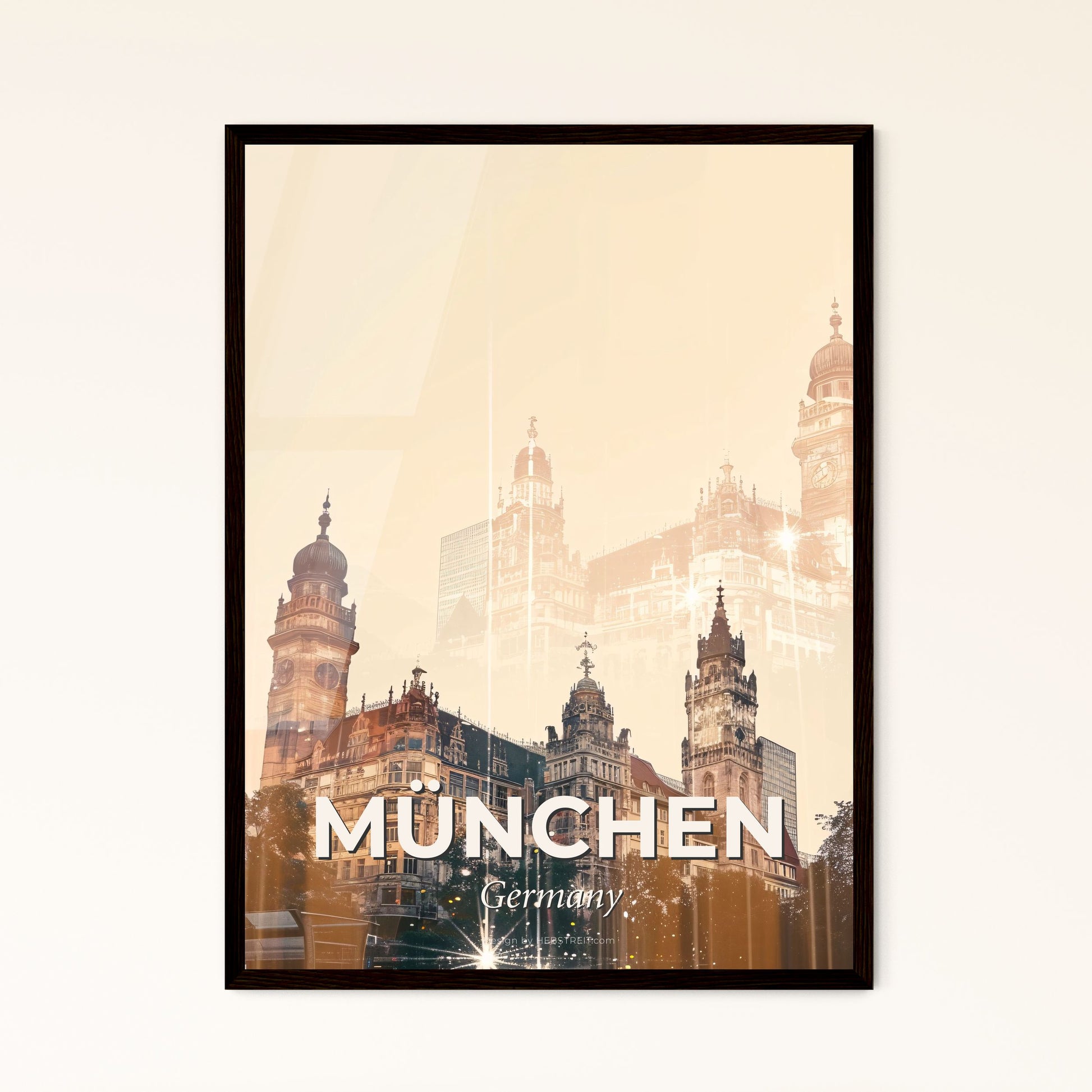 Munich Skyline Composite Art with Beige Paper Texture - A city with many towers and a clock tower